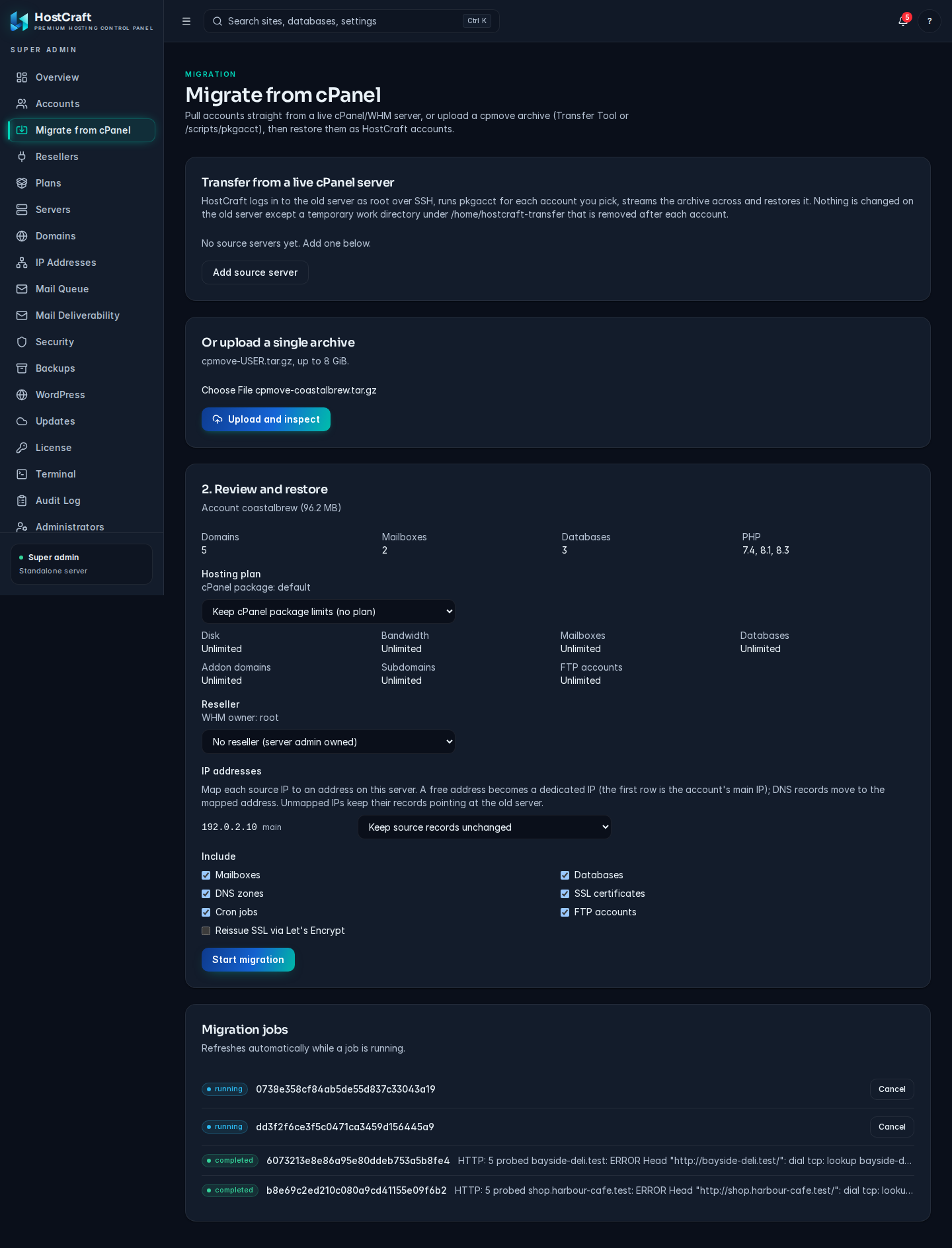 HostCraft migration wizard review step listing the accounts and items that will be transferred from cPanel