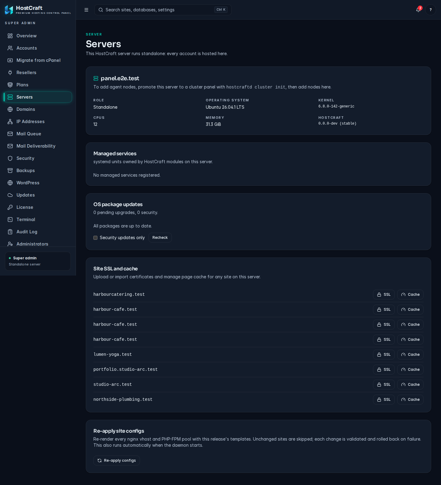 HostCraft servers view for cluster mode