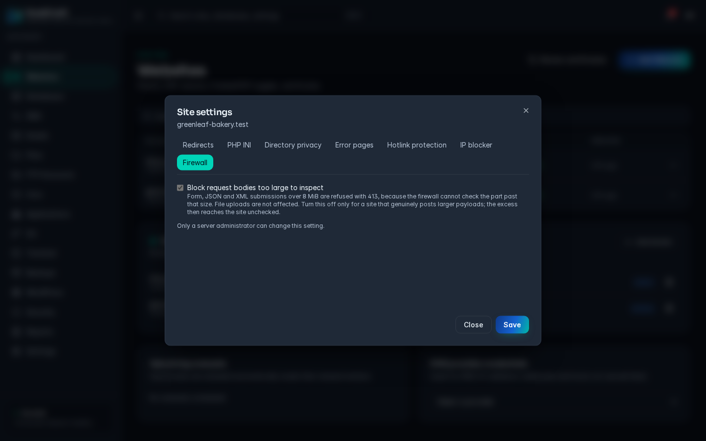 HostCraft per-site settings dialog showing the web application firewall options